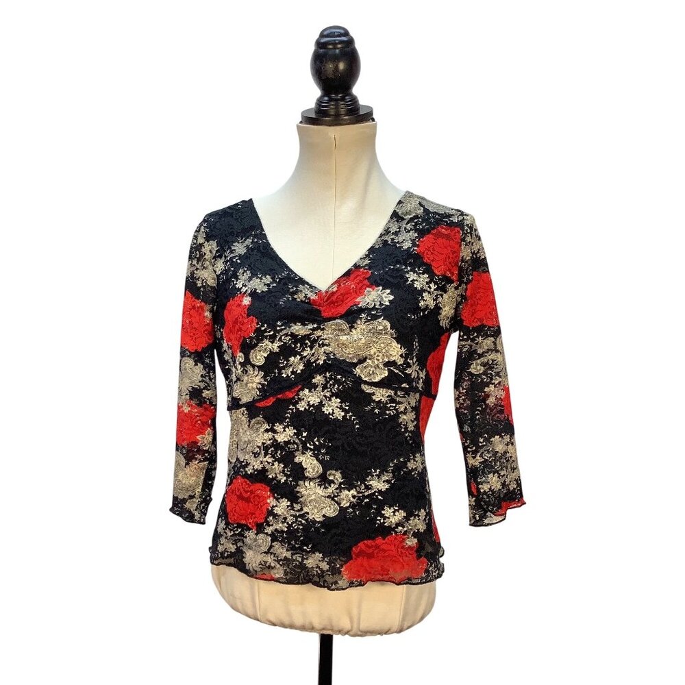 Y2K Babydoll Top Womens M (est) Black Red Rose Lace Sheer Fairy Whimsy Goth